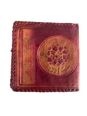 Handcrafted Embossed Leather Wallet- Burgundy with Gold Floral Medallion